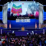 Former President of Planned Parenthood Cecile Richards speaks on stage during the third day of the DNC. Behind her the screen reads 