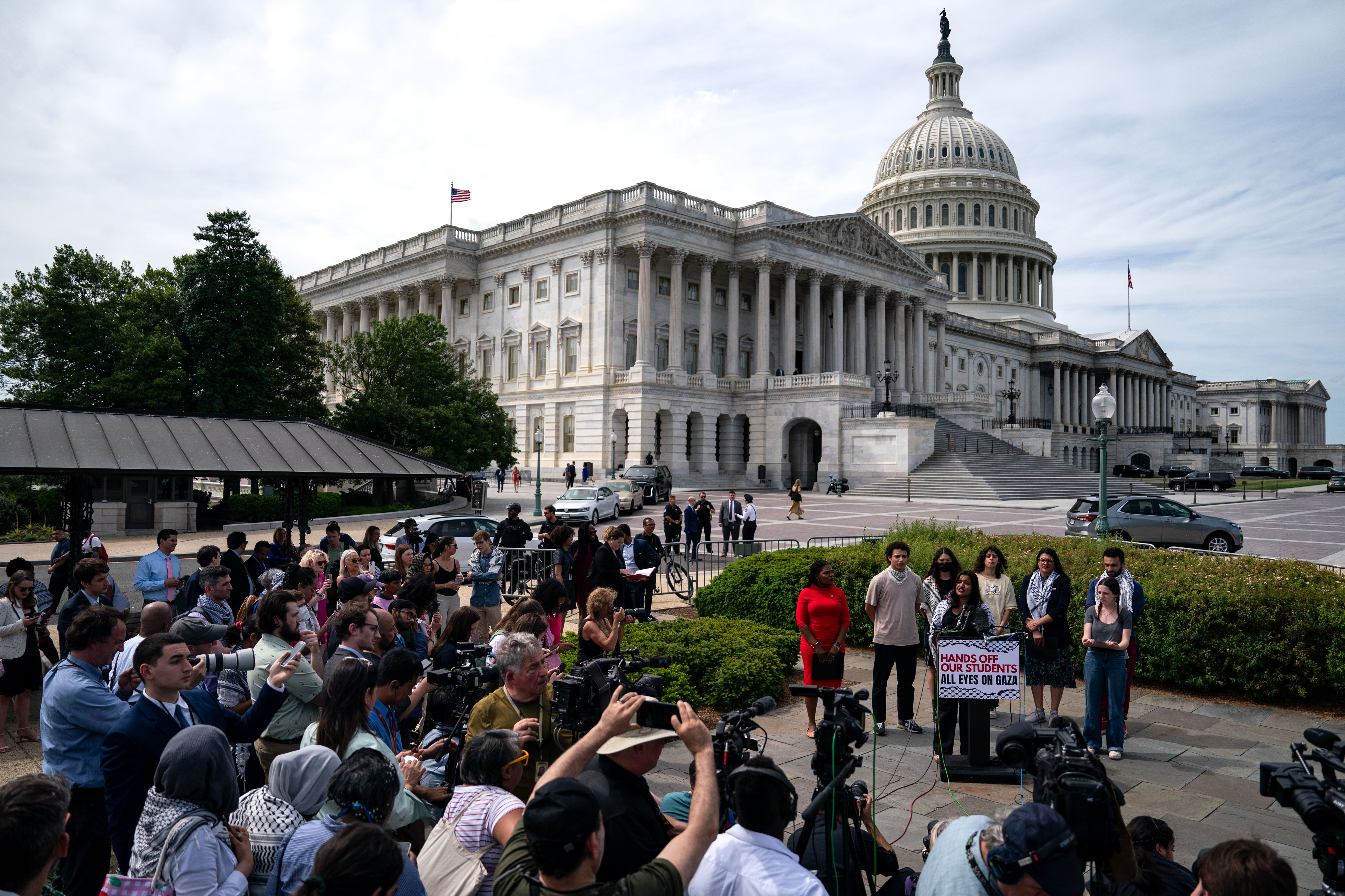 Leaders of the pro-Palestinian protest encampment at George Washington University are joined by Reps. Cori Bush and Rashida Tlaib at a news conference Capitol Hill.