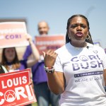 Rep. Cori Bush greets voters during a visit at Carondolet Branch Library on August 6, 2024, in St Louis, Missouri.