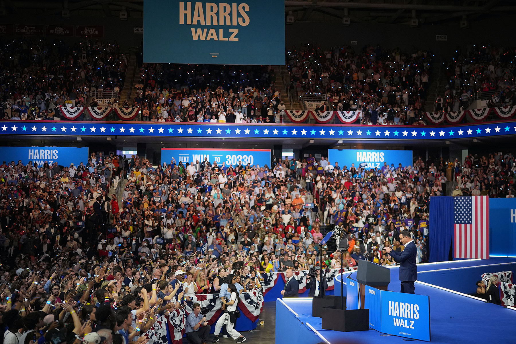 Pennsylvania Gov. Josh Shapiro speaks at a campaign rally with VP Kamala Harris and Minnesota Gov. Tim Walz.