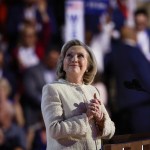 Former U.S. Secretary of State Hillary Clinton speaks onstage during the first day of the Democratic National Convention.