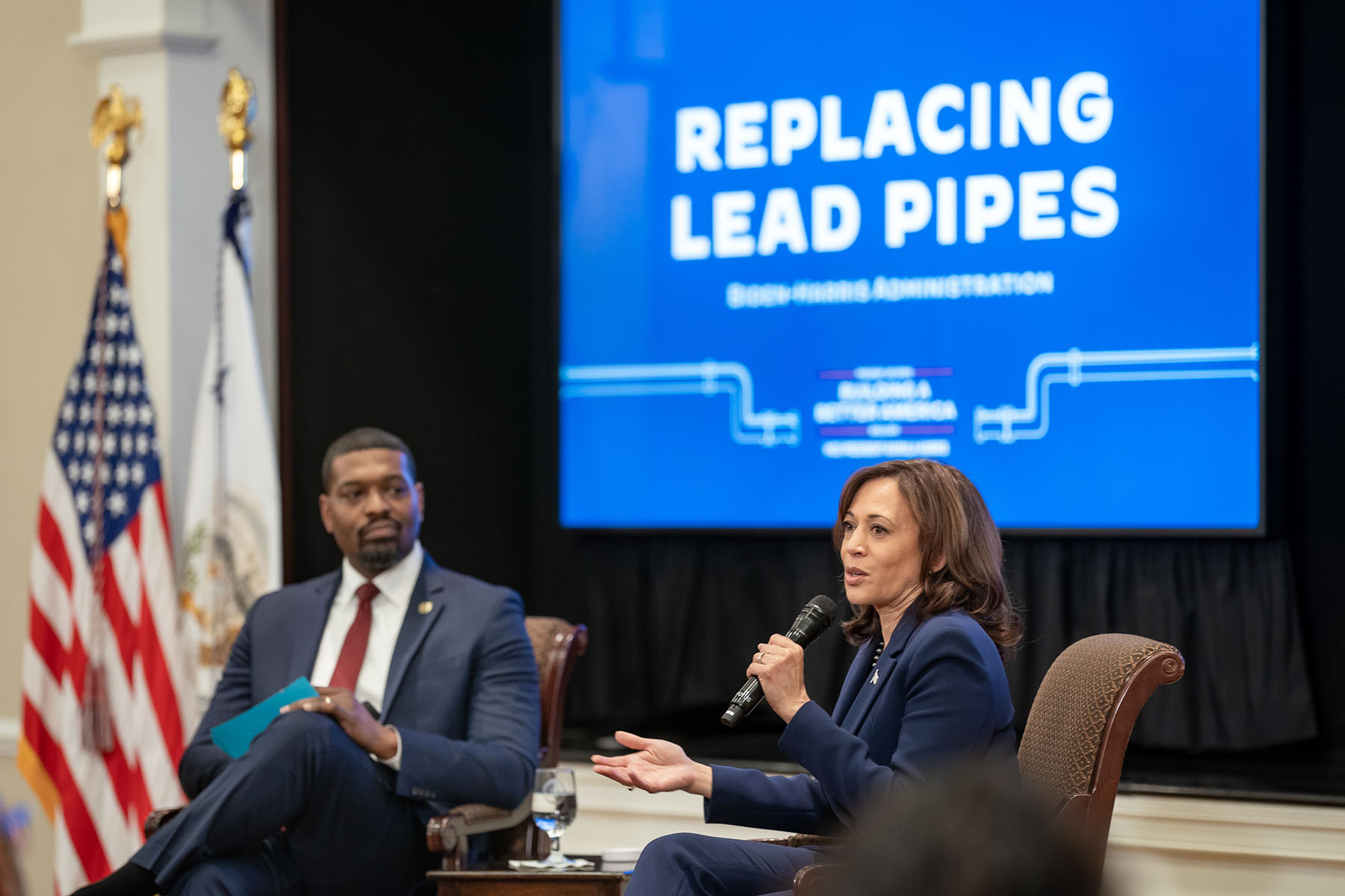 VP Kamala Harris and Environmental Protection Administrator Michael Regan participate in a moderated conversation at the White House Lead Pipes Summit.