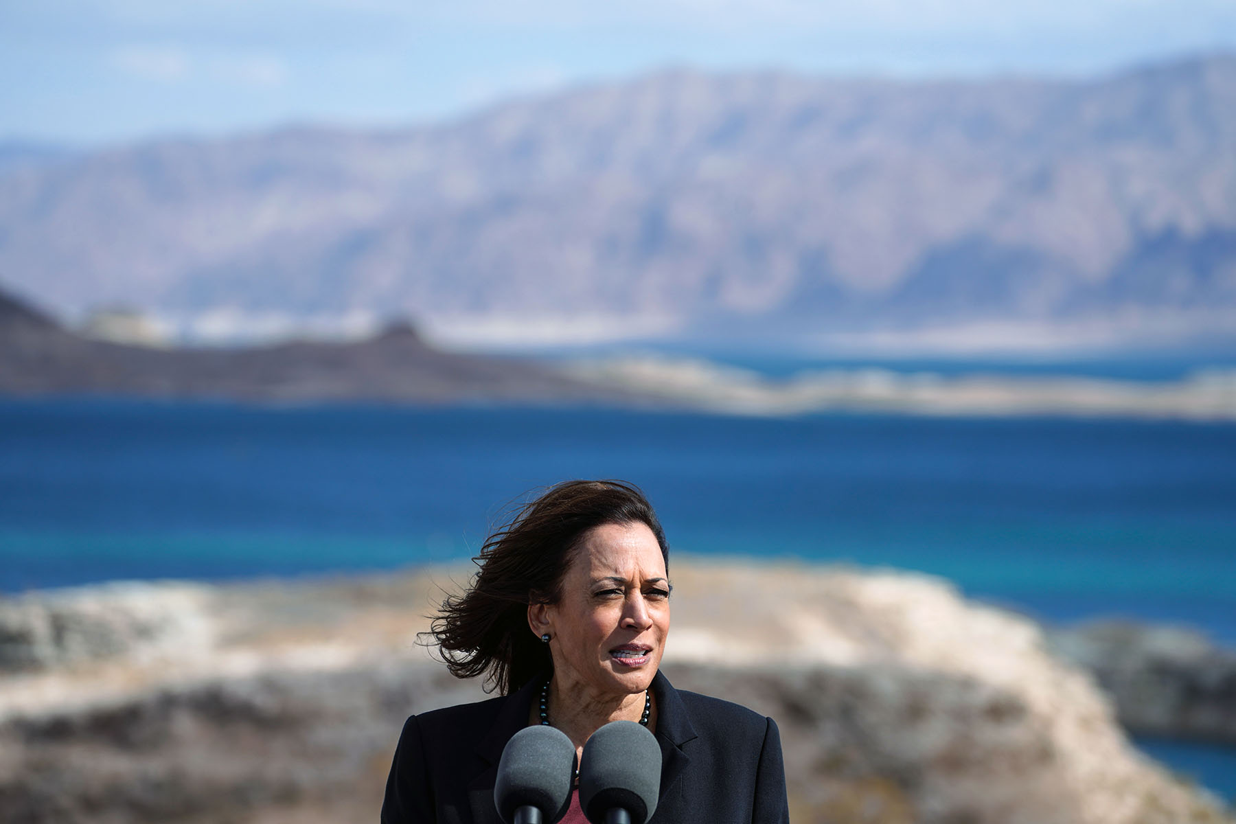 VP Kamala Harris delivers remarks during a tour of Lake Mead.