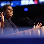 Former First Lady Michelle Obama speaks on the second day of the DNC in Chicago, Illinois.