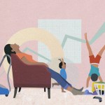 Illustration of an exhausted mother sitting on a chair while her kids play around her. A laundry basket is to her right, and a vacuum is to her left.