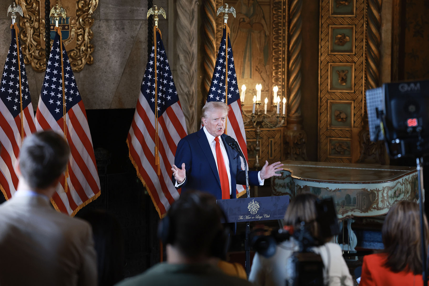 Donald Trump speaks during a press conference at his Mar-a-Lago estate.