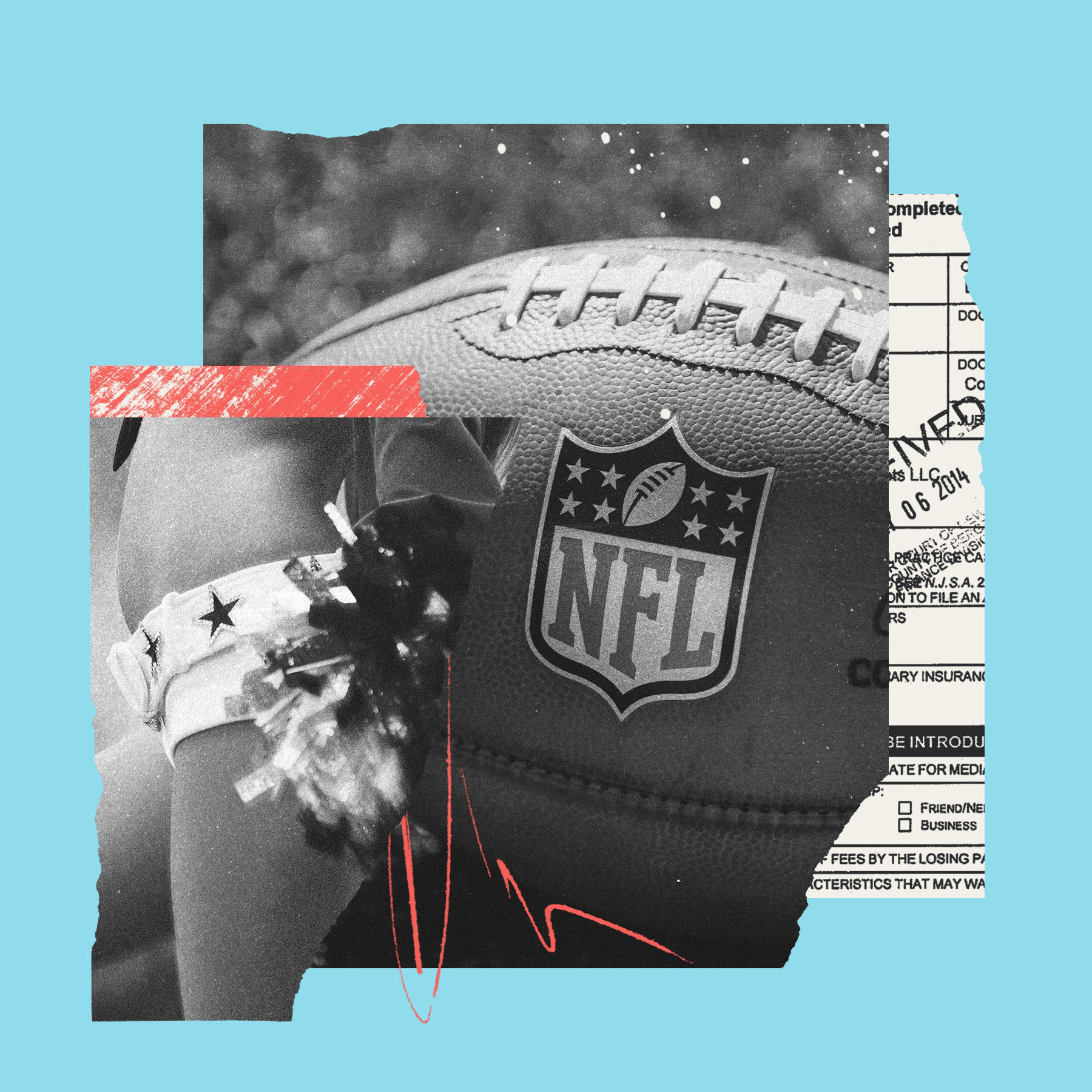 A close-up of an NFL-branded football partially overlapping an image of a cheerleader's pom-poms and uniform. The background features a blurred section of a football field, and there are torn pieces of paperwork with official-looking stamps and signatures layered in the background.