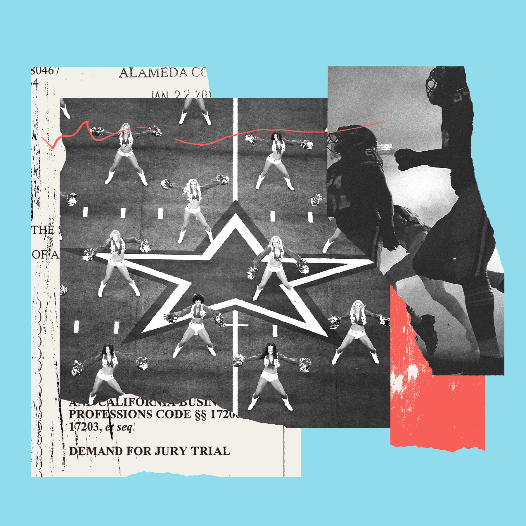 A collage showing multiple cheerleaders in formation on a football field, arranged around a large star emblem at the center. The image is interspersed with fragments of legal documents and a faded image of football players in action.