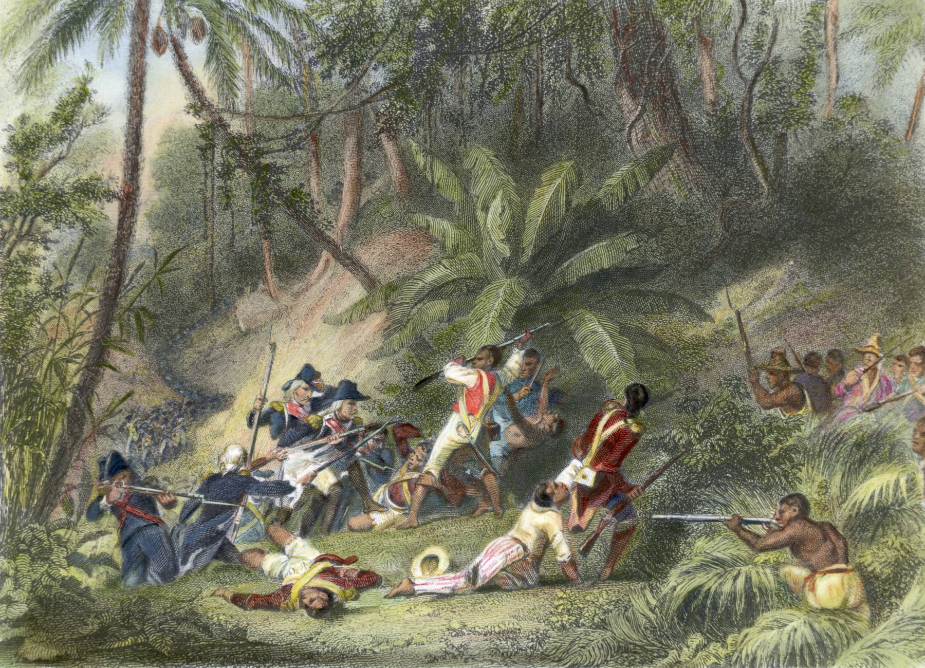 Illustration depicting Francois Dominique Toussaint L'Ouverture participating in the successful revolt against French power in St. Dominique (Haiti). Hand-colored engraving.