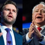 Diptych featuring J.D. Vance, wearing a blue suit, white shirt, and red-and-blue tie, speaking with his hand raised in a gesture. On the right is Tim Walz, also in a suit and red tie, with his hands clasped together as he addresses an audience.