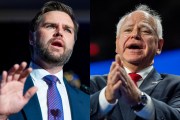 Diptych featuring J.D. Vance, wearing a blue suit, white shirt, and red-and-blue tie, speaking with his hand raised in a gesture. On the right is Tim Walz, also in a suit and red tie, with his hands clasped together as he addresses an audience.