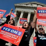 Amendment 3 supporters celebrate in front of the Missouri Supreme Court in Jefferson City after the court ruled that the amendment to protect abortion rights would stay on the November ballot.