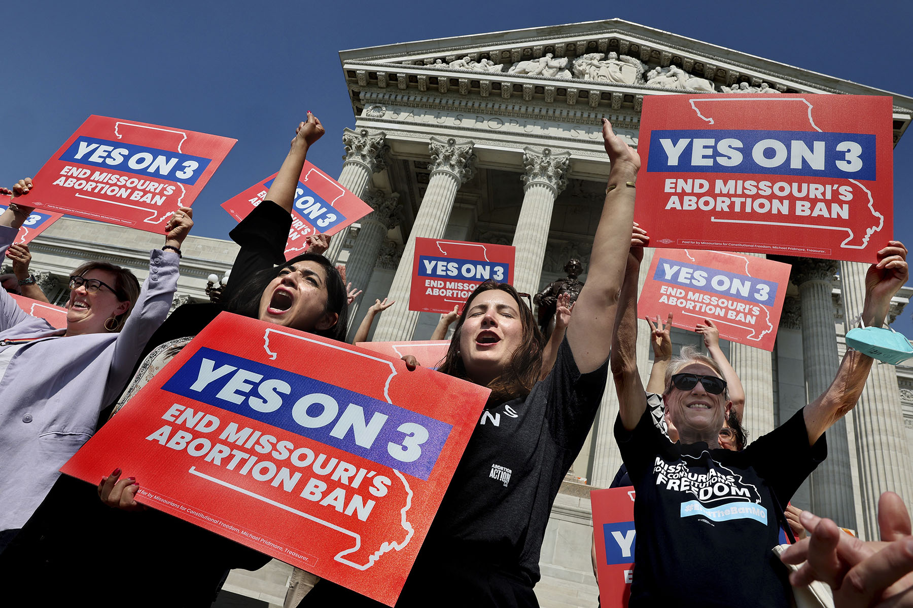 Amendment 3 supporters celebrate in front of the Missouri Supreme Court in Jefferson City after the court ruled that the amendment to protect abortion rights would stay on the November ballot.