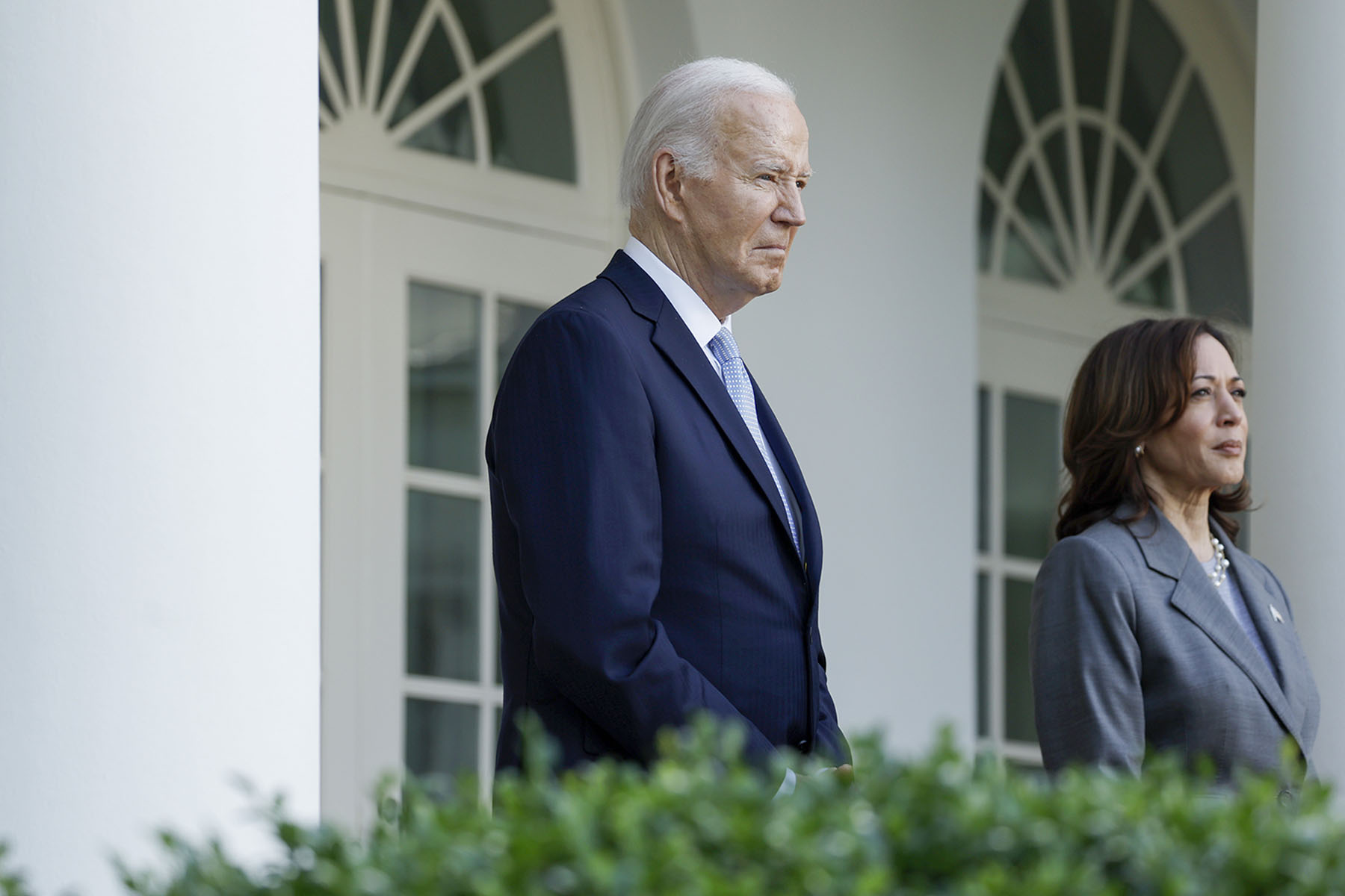 President Joe Biden and Vice President Kamala Harris are seen in he Rose Garden of the White House in Washington, D.C.