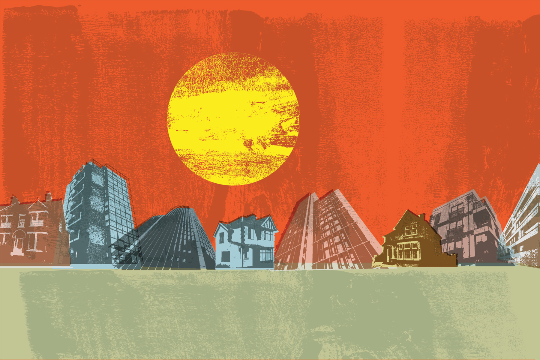 Abstract illustration featuring a row of buildings of varying architectural styles set against a bold red-orange background with a large textured yellow sun in the sky.