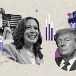 A collage featuring Kamala Harris and Donald Trump prominently in the center. Kamala Harris is smiling, wearing a suit, with her head slightly tilted. To her right, Donald Trump is looking forward with a serious expression, wearing a suit and tie. There are abstract graphic elements, such as circles, lines, and bar charts in purple and white, scattered throughout the composition on a textured beige background.