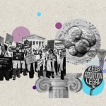 A collage featuring reproductive rights images that include: protestors dressed in lab coats, a blastocyst, a column and protesting signage that says. 