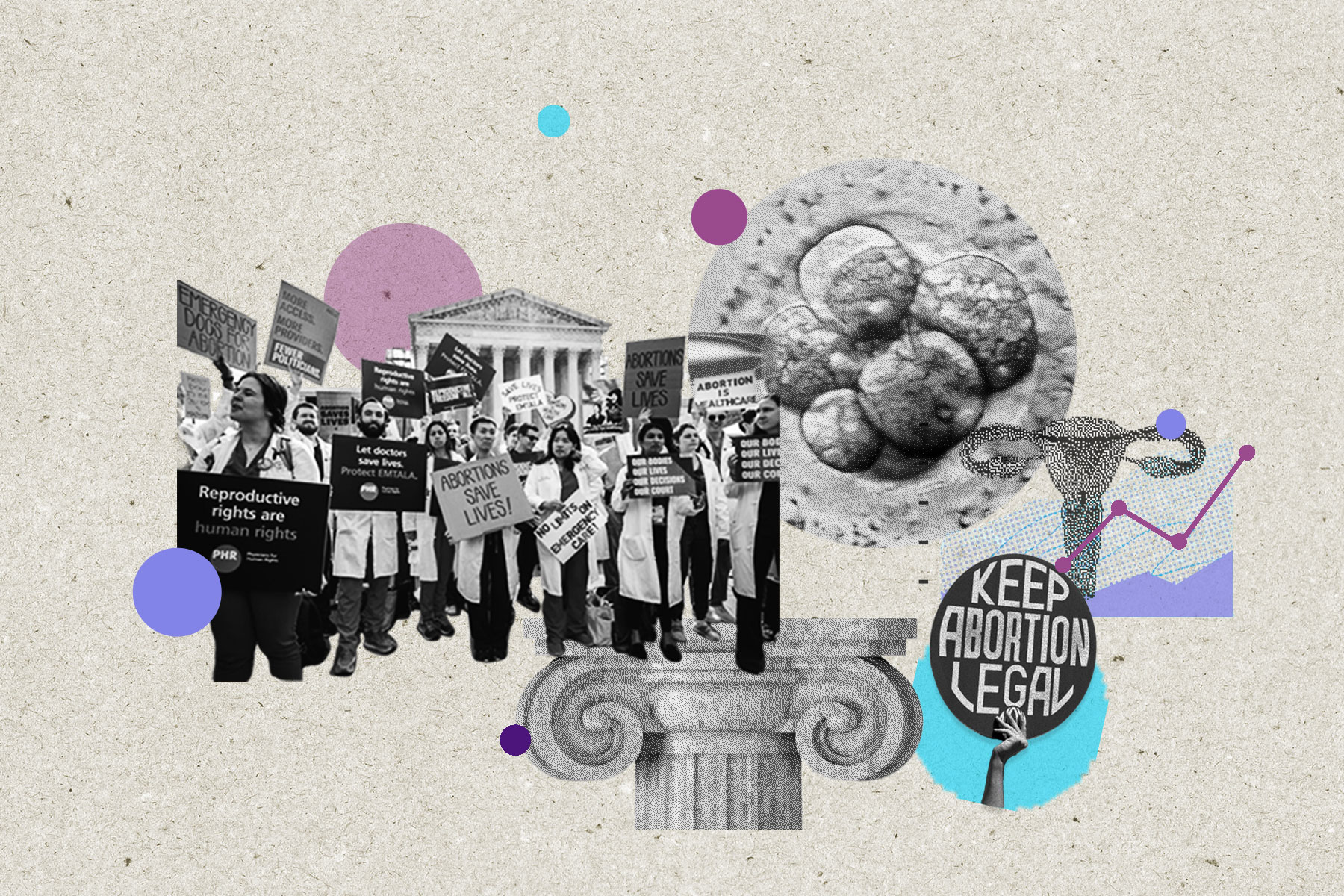 A collage featuring reproductive rights images that include: protestors dressed in lab coats, a blastocyst, a column and protesting signage that says. "Keep Abortion Legan. There are abstract graphic elements, such as circles, lines, and bar charts in purple and white, scattered throughout the composition on a textured beige background.