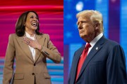 Diptych of Kamala Harris and Donald Trump at two different events.