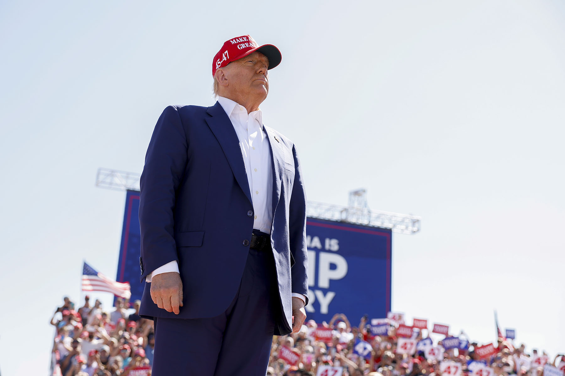 Former President Donald Trump arrives for a campaign rally at the Aero Center Wilmington in North Carolina