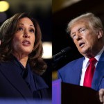 Diptych of Kamala Harris and Donald Trump speaking at separate events.