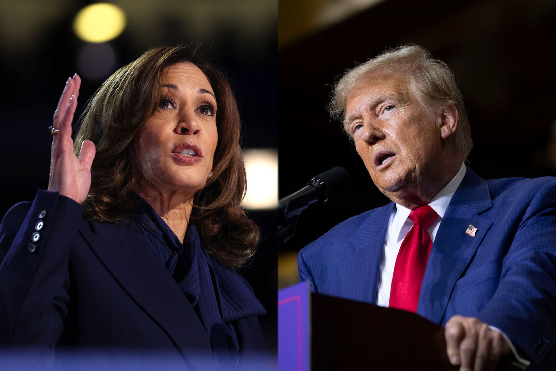 Diptych of Kamala Harris and Donald Trump speaking at separate events.