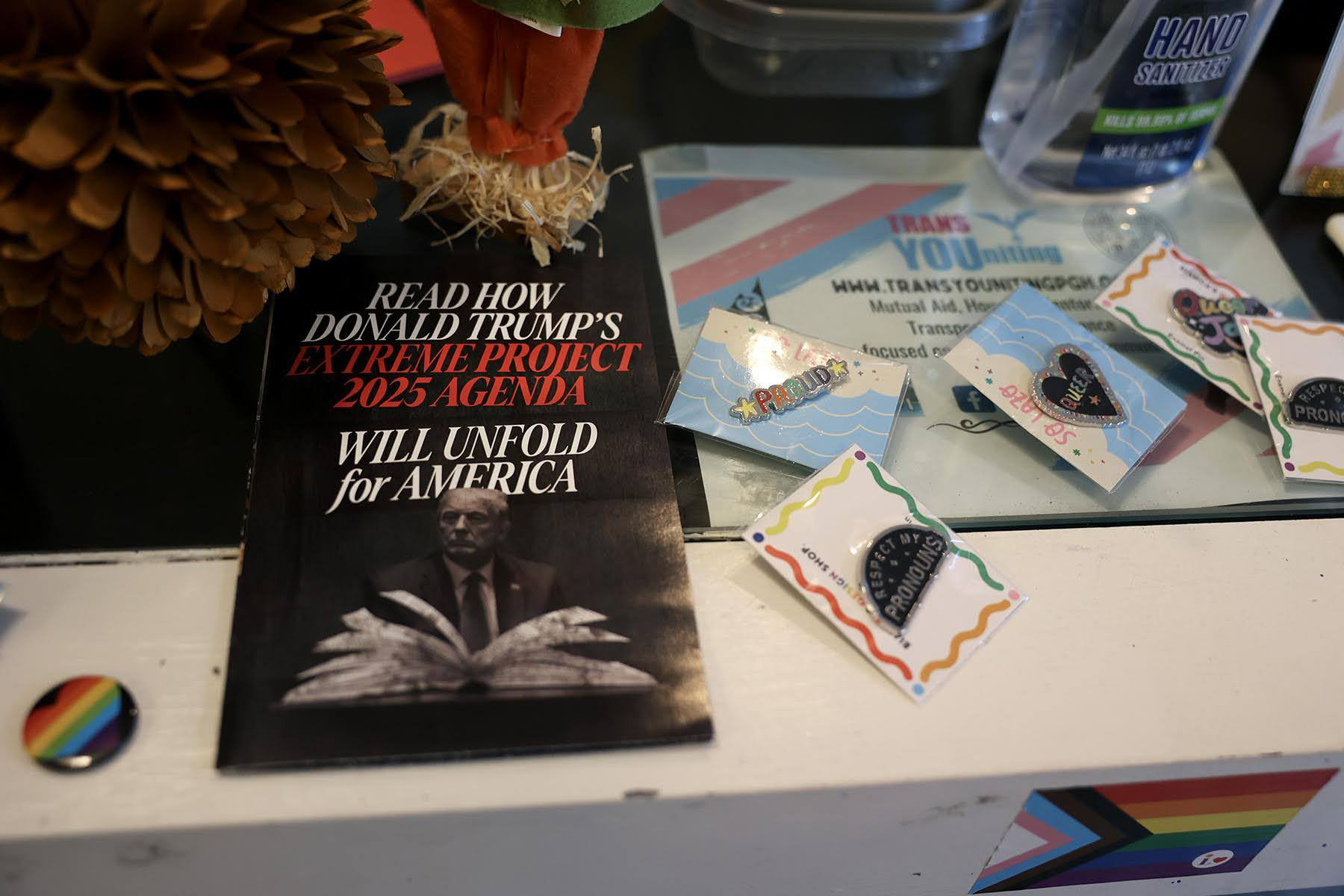 A pamphlet on conservative think tank The Heritage Foundation’s “Project 2025” sits at the front desk at TransYOUniting’s QMNTY Center.