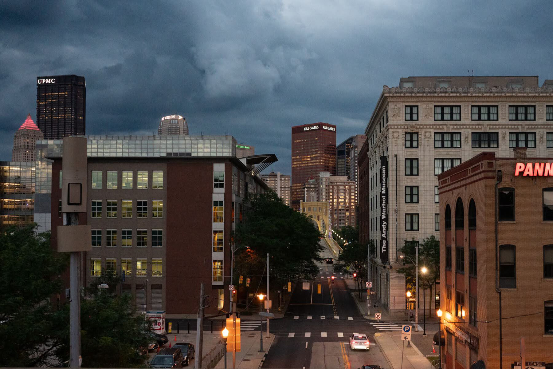 Dusk falls on the Pittsburgh skyline.