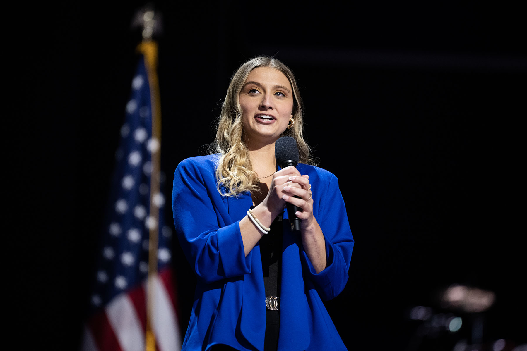 Hadley Duvall speaks about her experience with rape and reproductive rights on stage on the first night of the Democratic National Convention at the United Center in Chicago.