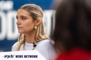 Activist Hadley Duvall, 22, attends a press conference during a Harris-Walz 'Fighting for Reproductive Freedom' campaign event at the Pennsylvania State Capitol.