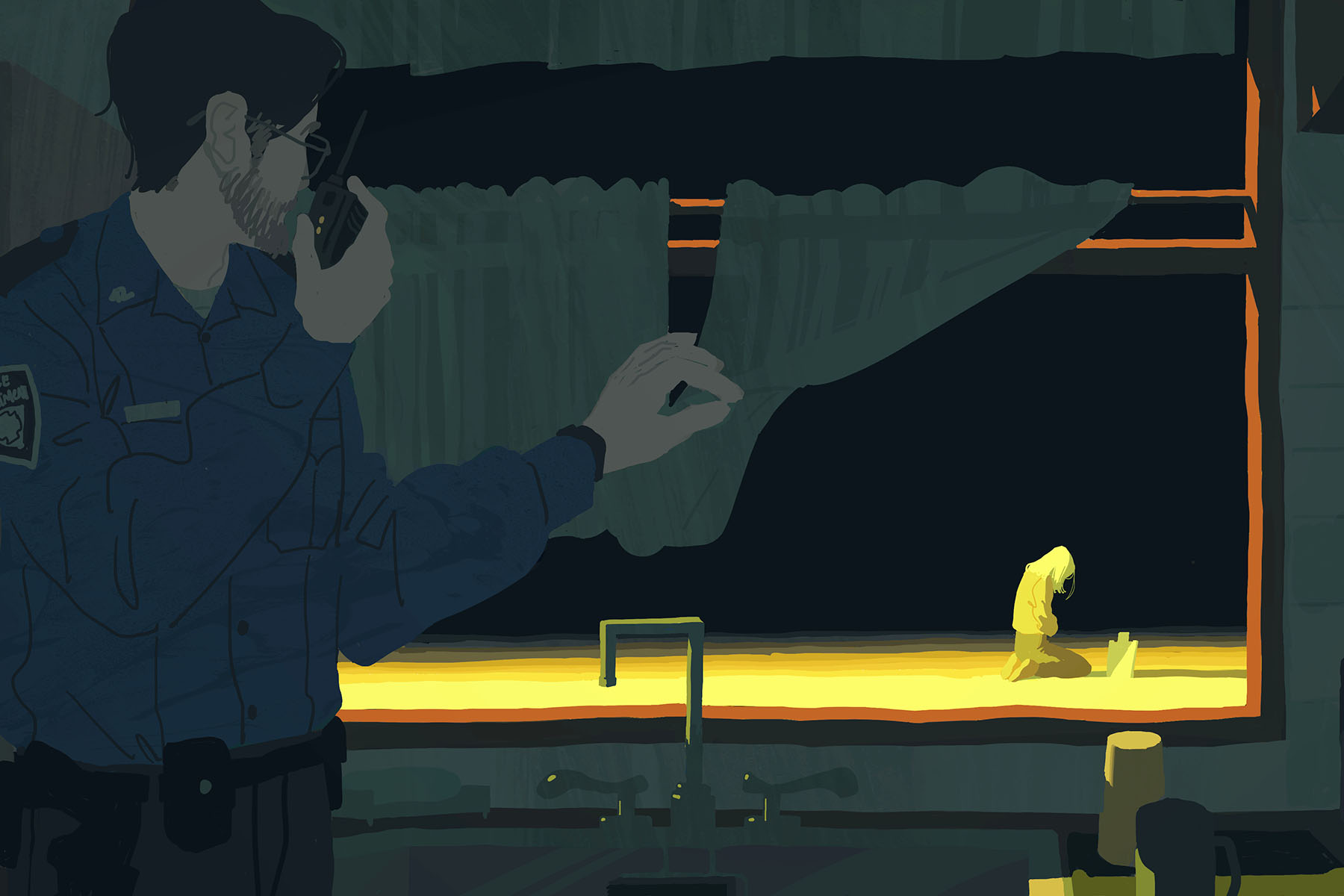 An illustration shows a police officer standing inside of a dark, blue and green kitchen holding a walkie-talkie while looking outside the window. Outside the window, a woman is kneeling, with bright yellow light on her as she looks at a small grave.