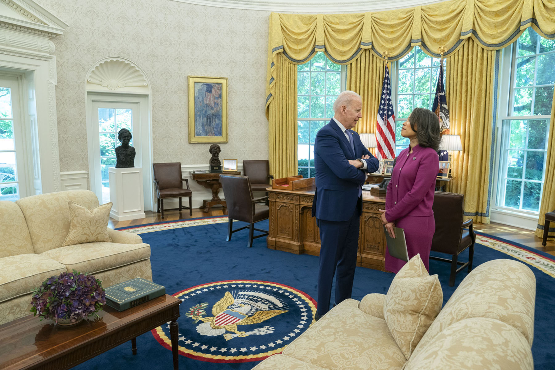 President Joe Biden meets with Rep. Lisa Blunt Rochester in the Oval Office of the White House.