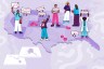 illustration showing a map of the United States with various women standing in different regions, holding "VOTE" signs. They represent diverse identities, including a healthcare worker in scrubs, and a person with short hair holding a "NOW!!!" sign. The map also features large pink pills scattered across different states.