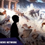 A silhouette of a child walking in front of a mural showing a chaotic scene of people being swept away by floodwaters and ruins of ancient structures collapsing.
