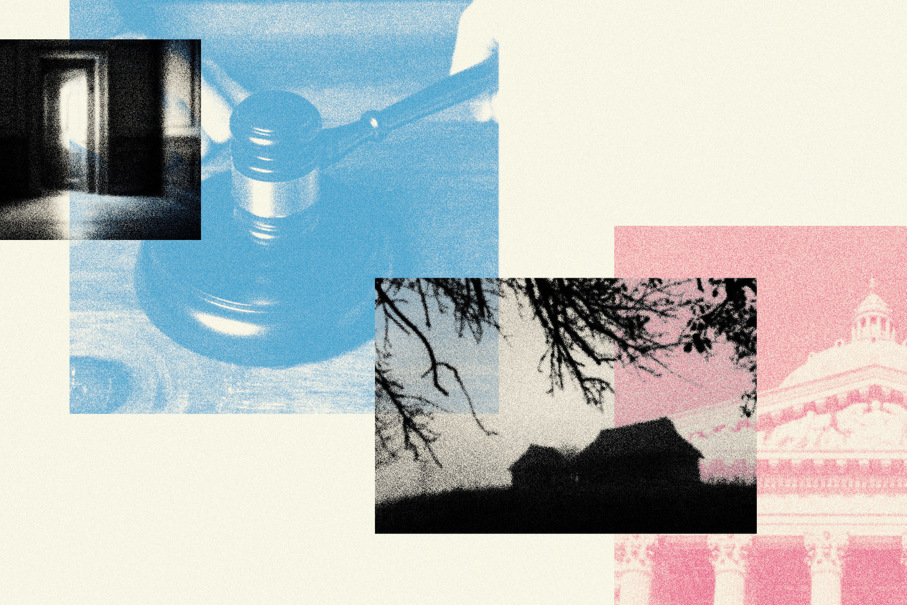 A collage of four images: a dimly lit doorway with light shining through, a close-up of a gavel in blue tones, a dark, silhouetted house with bare tree branches, and a pink-tinted government building with columns and a dome in the background. The images are layered and have a grainy, textured appearance.