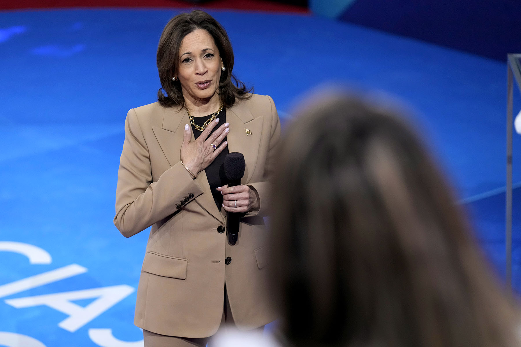 Vice President Kamala Harris responds to a question from Ivett Castillo during a Town Hall event hosted by Univision.