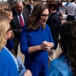 Sarah McBride greets supporters following a press conference on the steps of Delaware Legislative Hall.