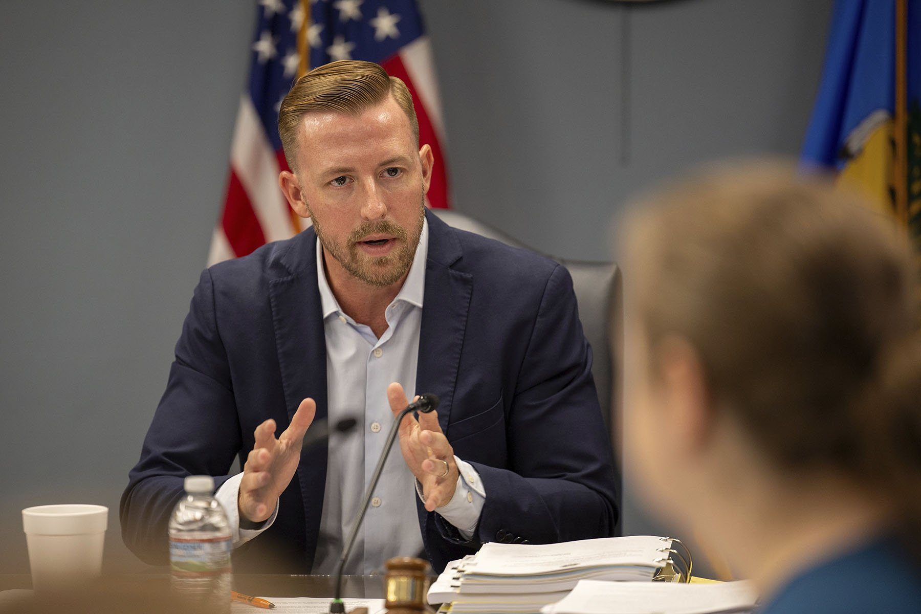 Oklahoma State Superintendent Ryan Walters speaks to members of the State Board of Education during a meeting.