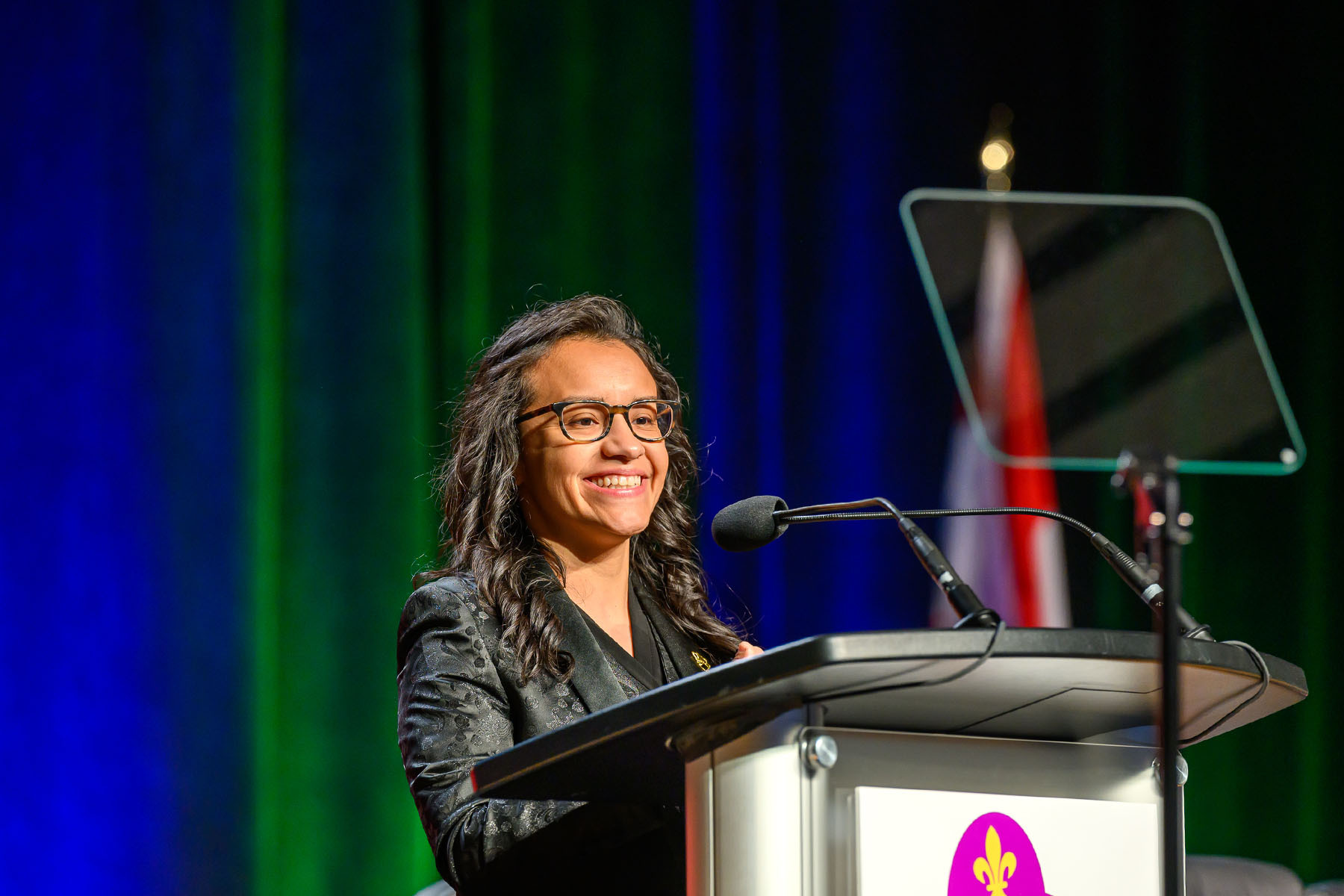 driana Lopez gives a speech at the morning plenary of the Tradeswomen Build Nations Conference in New Orleans, Louisiana.