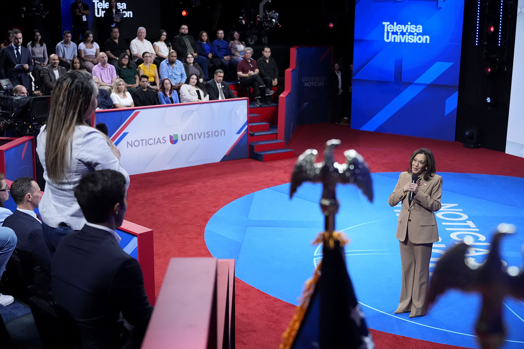 Vice President Kamala Harris responds to a question from Ivett Castillo during a Town Hall event hosted by Univision.