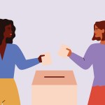 Illustration of two women standing side by side, holding voting ballots over a ballot box. They are smiling and looking at each other.