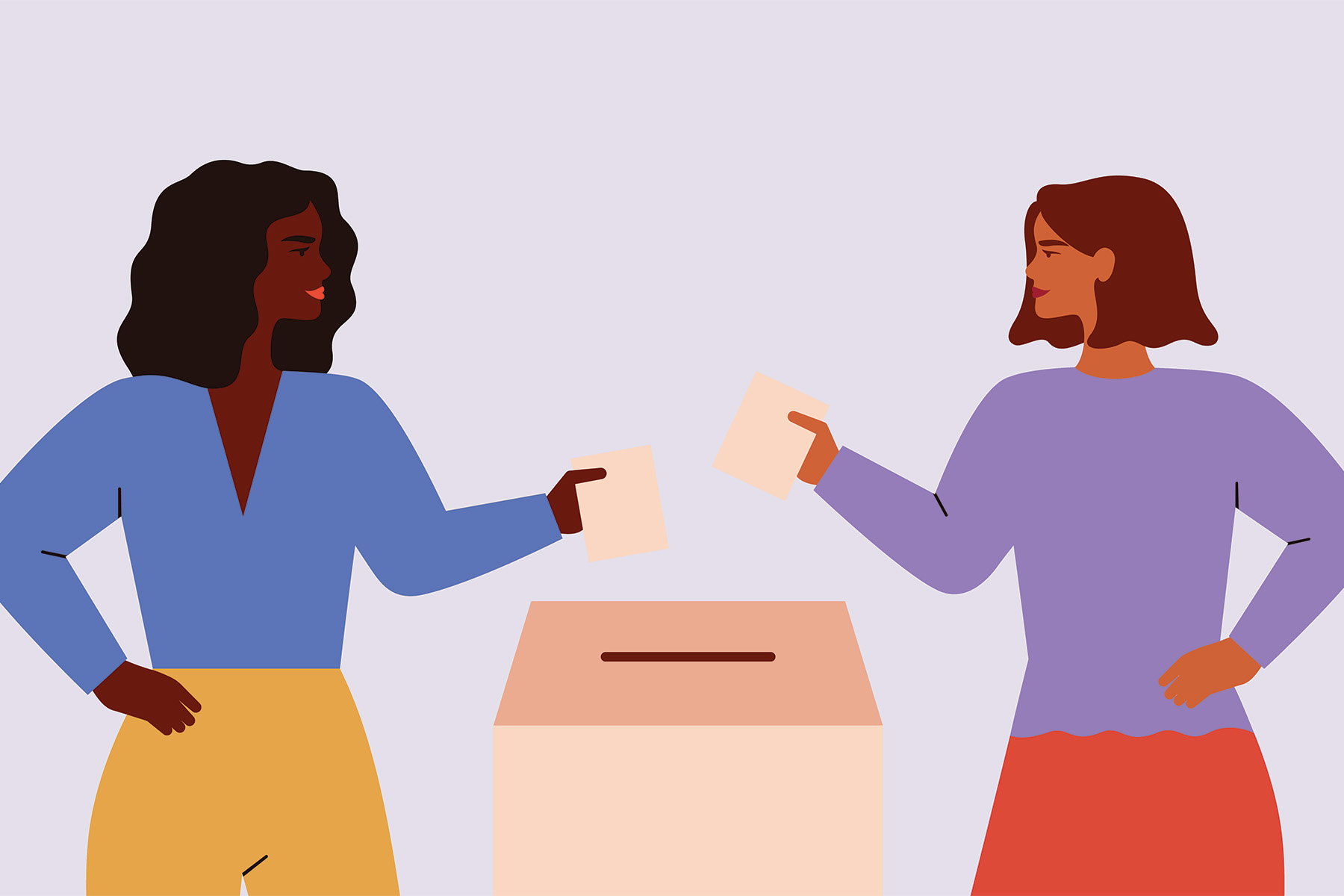 Illustration of two women standing side by side, holding voting ballots over a ballot box. They are smiling and looking at each other.