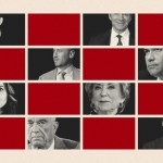 Black-and-white portraits of individuals associated with Donald Trump's cabinet are arranged in a grid, interspersed with bold red rectangles.