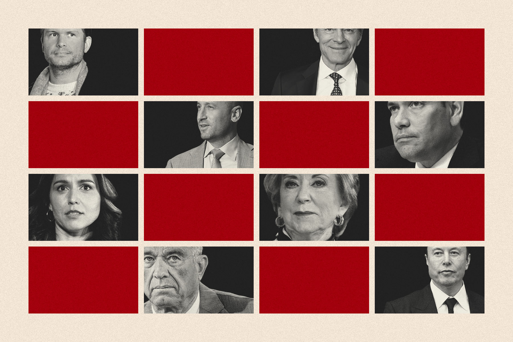 Black-and-white portraits of individuals associated with Donald Trump's cabinet are arranged in a grid, interspersed with bold red rectangles.