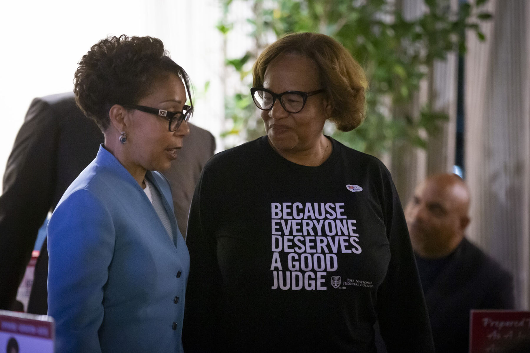 Diane Minnifield speaks with Judge Goodwine during her watch party in Lexington, Kentucky