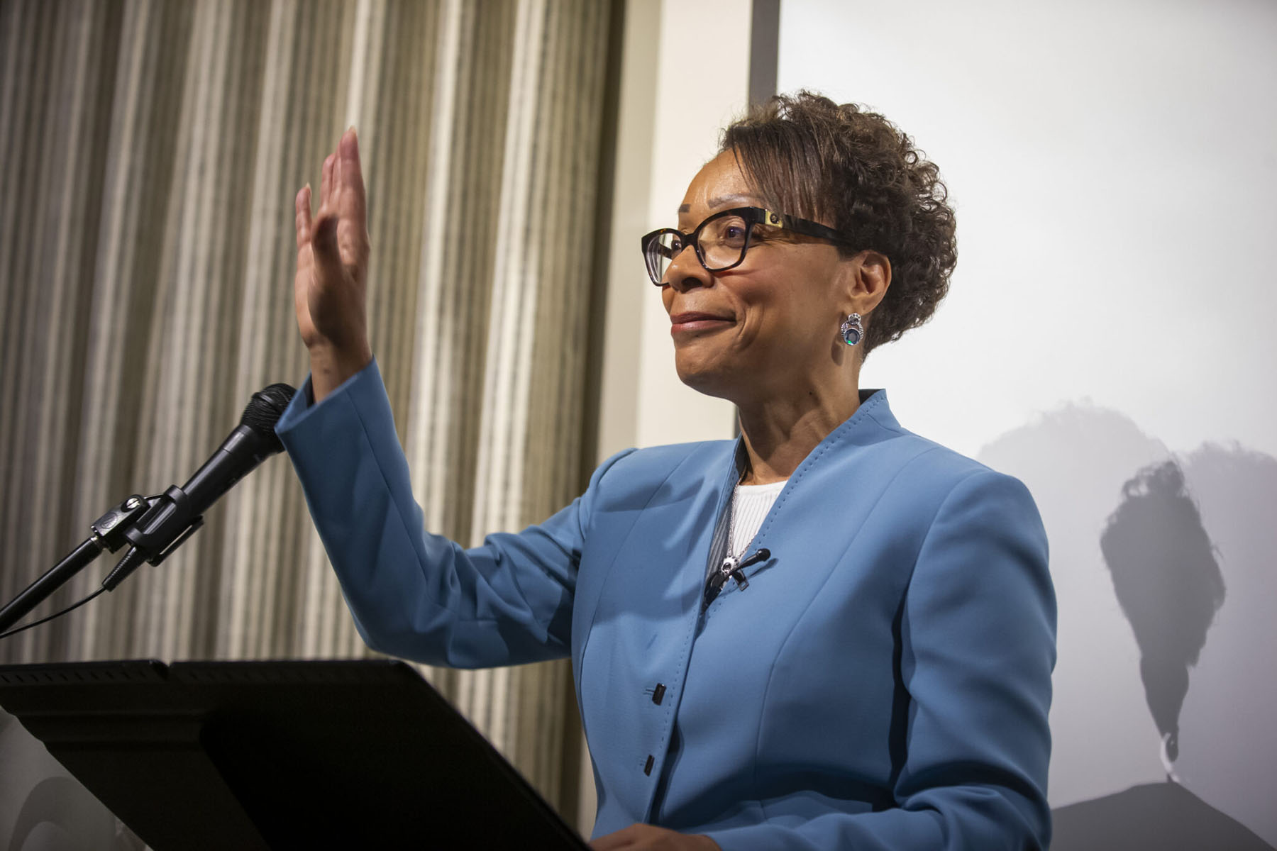 Supreme Court Justice-elect Pamela Goodwine addresses supporters on election night at her watch party