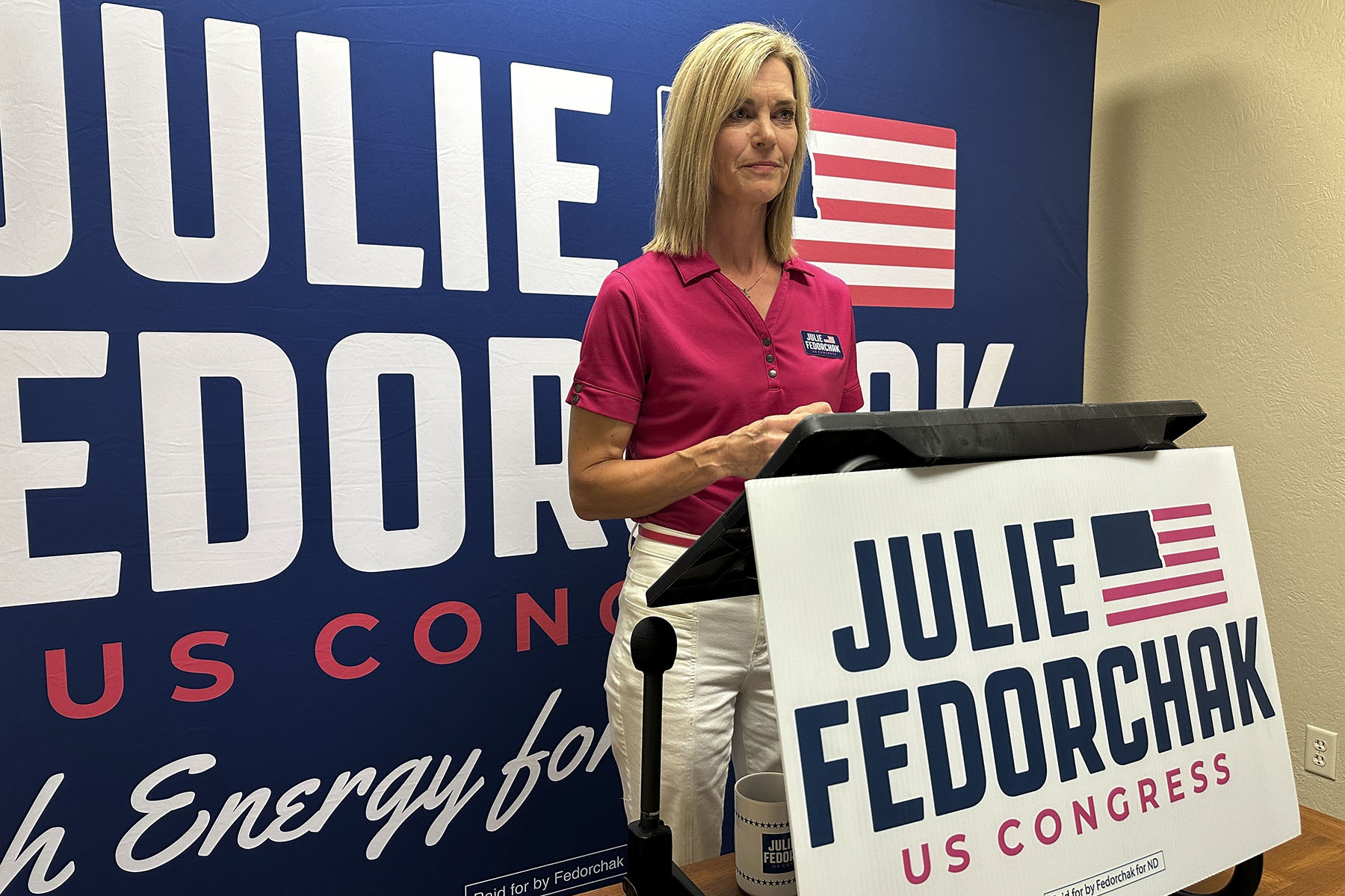 Julie Fedorchak speaks to reporters at her campaign office in Bismarck, North Dakota.