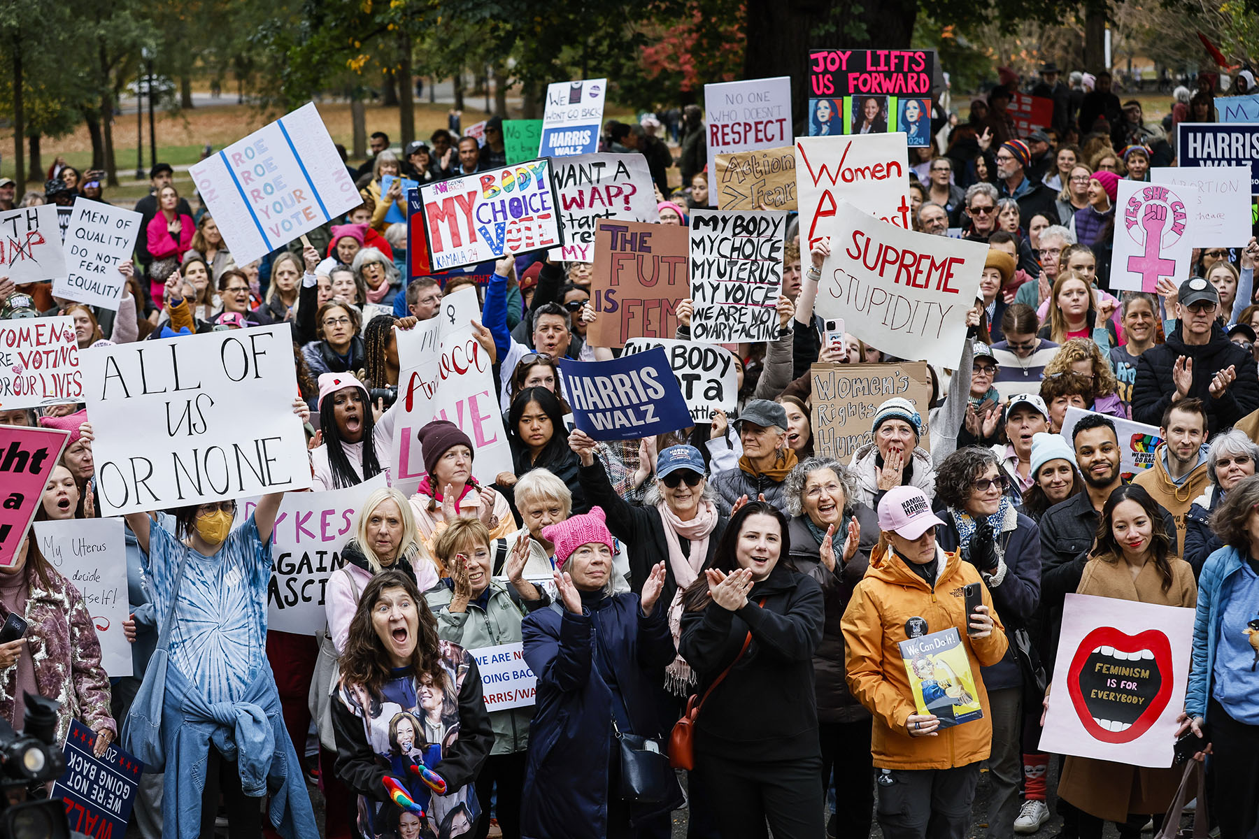 Hundreds gather on Boston Common for a Women's March. People are seen clapping, chanting and holding signs.