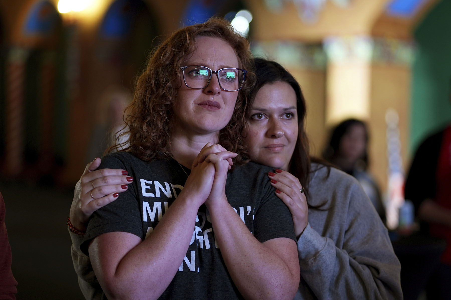 People react after an abortion rights amendment to the Missouri constitution passed on November 5, 2024, at a watch party in Kansas City, Missouri.