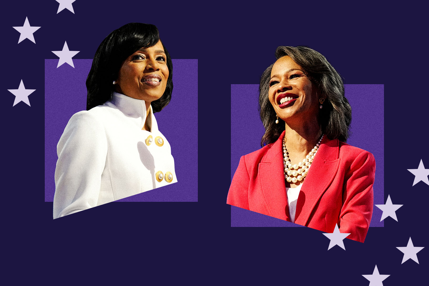 Photo-collage of Angela Alsobrooks (right) and Lisa Blunt Rochester (left) on a purple background.